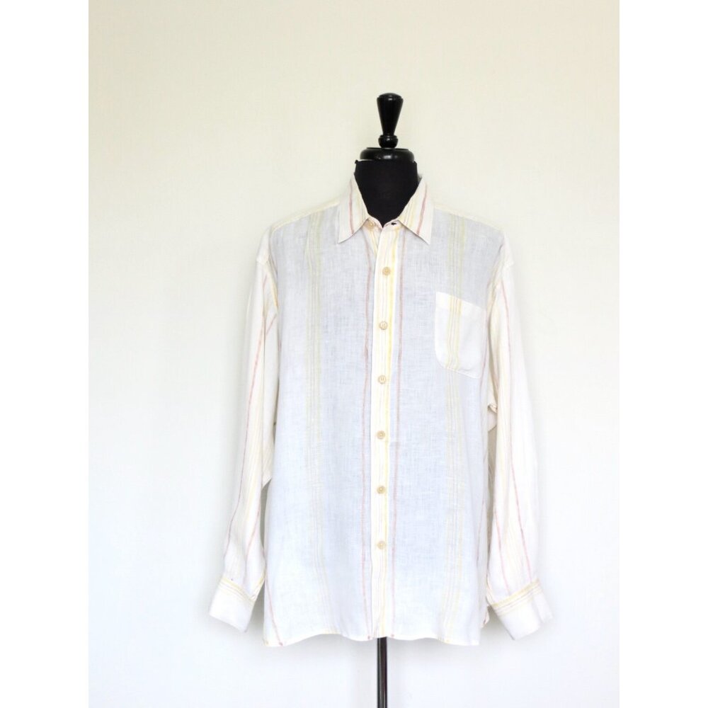 Tommy Bahama Relax 100% Linen Button Front Shirt Striped Ivory Yellow XXL